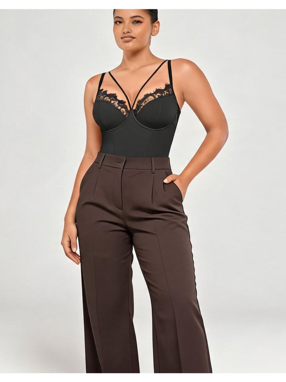 SHAPELLX Lace Bodysuit Shapewear Black L Plunge Lace Trim Bodysuit